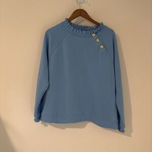Talbots Ruffle Trim Raglan Sweatshirt Light Blue XL 100% Cotton Gold Buttons